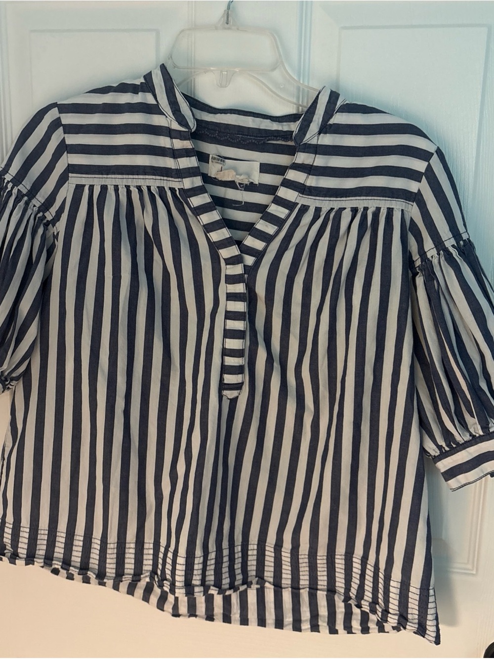 Anthropologie Navy & White Vertical Stripe Peasant Top M
